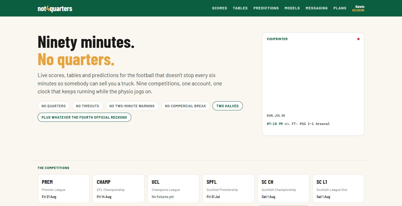 not4quarters home page showing live football scores and league competitions